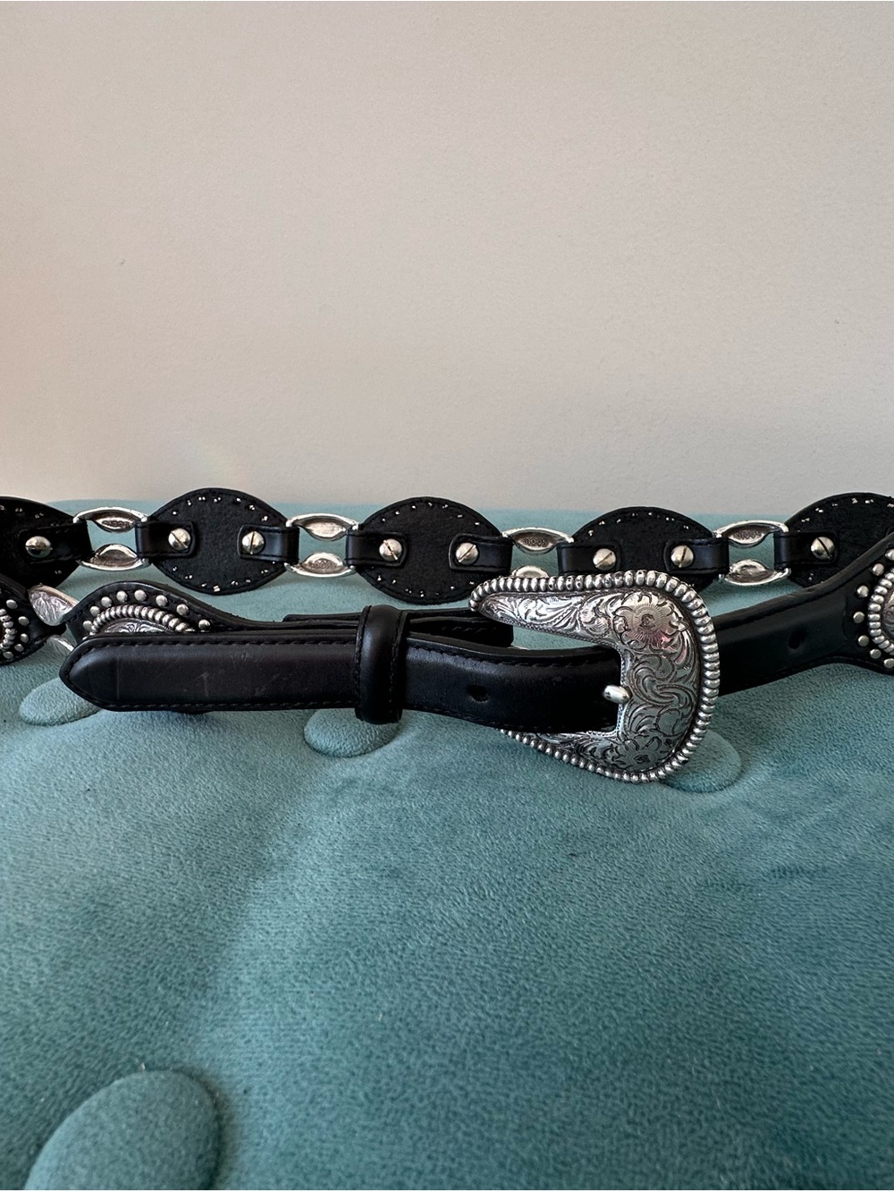 Justin Boots Black Western Leather Belt with Engraved Silver Buckle